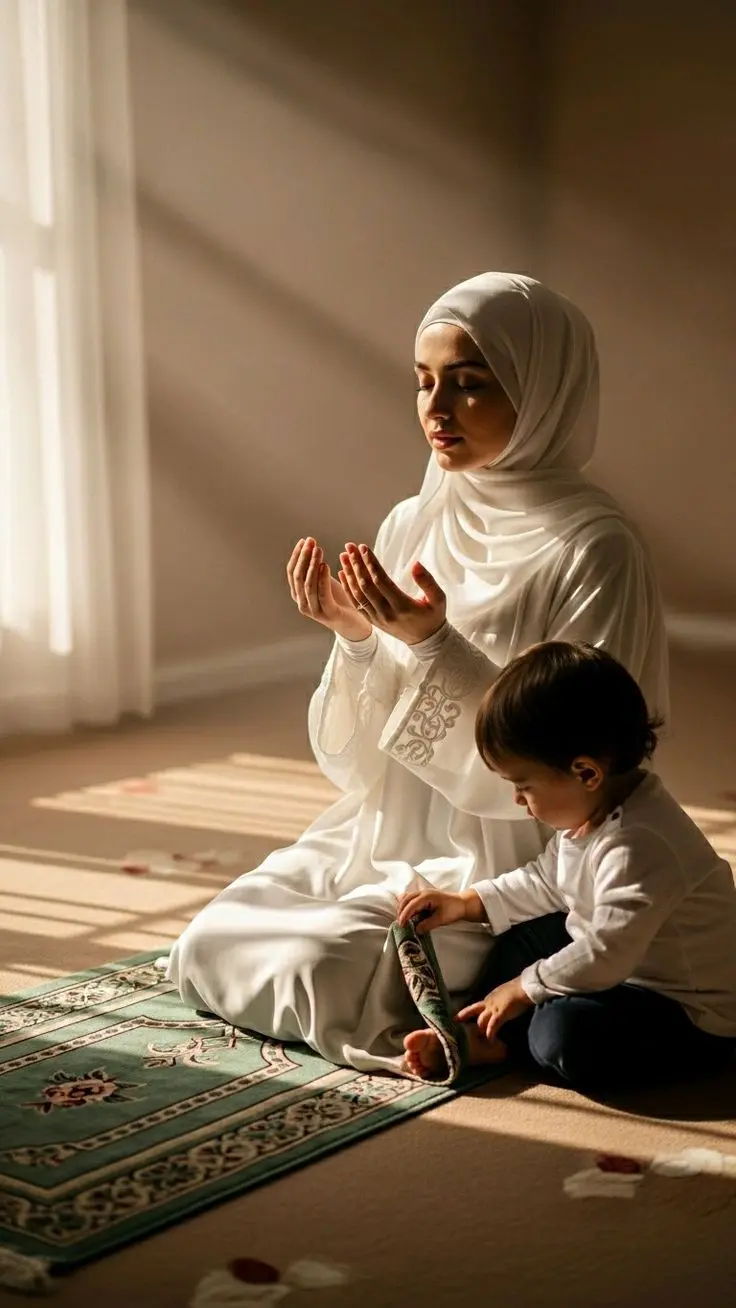 Mother and child learning Quran in a peaceful environment